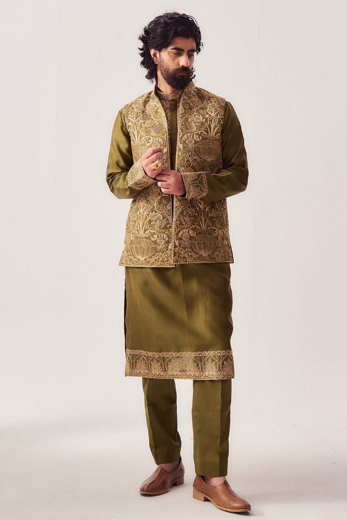 Buy Dark Olive Zari Dori Bundi Set for Men by WABI SABI available online at ScrollnShops